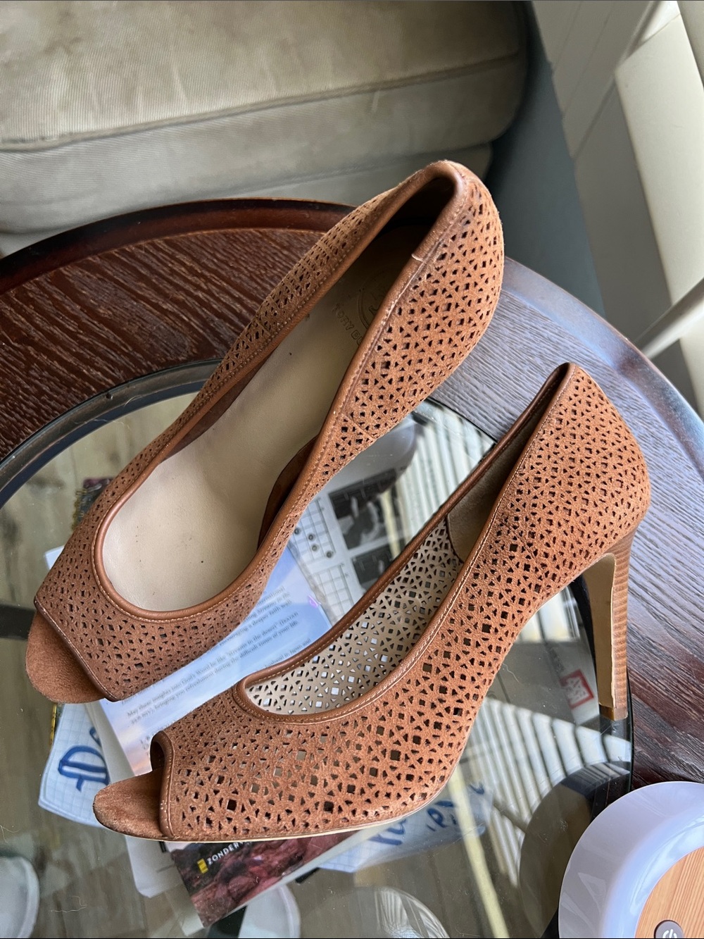 Tory Burch, size 9, Laser-Cut Open-Toe Pumps in Brown